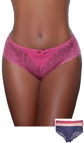 High rise lace brief panty with solid front and back panel, mini satin bow, scalloped trim, elastic waistband and lined crotch. This listing is for a pack of three panties. You will receive one of each: baby pink, raspberry, navy blue.