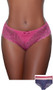 High rise lace brief panty with solid front and back panel, mini satin bow, scalloped trim, elastic waistband and lined crotch. This listing is for a pack of three panties. You will receive one of each: baby pink, raspberry, navy blue.