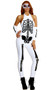 Pure Bones skeleton costume includes sleeveless jumpsuit with screen printed skeleton bones, halter neck and plain back. Matching arm sleeves also included. Two piece set. Mask not included.