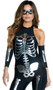 Opulent Outline sexy skeleton costume includes sleeveless jumpsuit with screen printed metallic skeleton bones, halter neck and plain back. Matching arm sleeves also included. Two piece set. Mask not included.
