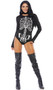 Bad to the Bone sexy skeleton costume includes long sleeve stretch bodysuit with screen printed skeleton bones on front and back, with zipper back closure. One piece set.