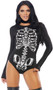 Bad to the Bone sexy skeleton costume includes long sleeve stretch bodysuit with screen printed skeleton bones on front and back, with zipper back closure. One piece set.