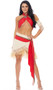 Island Princess costume includes criss cross wrap crop top with halter ties and tribal print trim, matching sash, layered grass and net skirt with tulip hem, and matching arm wrap accessory. Four piece set.