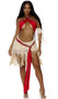 Island Princess costume includes criss cross wrap crop top with halter ties and tribal print trim, matching sash, layered grass and net skirt with tulip hem, and matching arm wrap accessory. Four piece set.