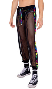 Sheer fishnet jogging pant features elastic waist and ankles, drawstring closure, and rainbow LOVE print on each leg and drawstring. Drawstring print is iridescent.