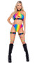 Rainbow pride crop top features halter neck with swan hook back closure, keyhole front cut out, and elastic contrast rainbow LOVE print trim.