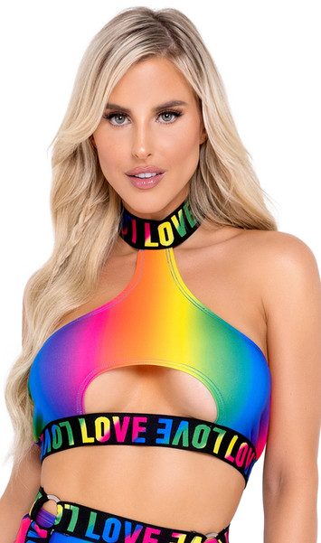 Rainbow pride crop top features halter neck with swan hook back closure, keyhole front cut out, and elastic contrast rainbow LOVE print trim.