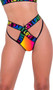 Rainbow pride shorts feature criss cross elastic straps with contrast rainbow LOVE print trim, front cut outs, and high waist.