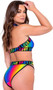 Rainbow pride shorts feature criss cross elastic straps with contrast rainbow LOVE print trim, front cut outs, and high waist.