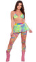 Flared mini skirt features sheer tie dye fishnet fabric, rainbow trim and elastic waist. Pull on style.