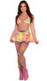 Flared mini skirt features sheer tie dye fishnet fabric, rainbow trim and elastic waist. Pull on style.