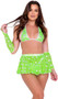Flared mini skirt features sheer mesh fabric with hologram star print, metallic trim and elastic waist. Pull on style.