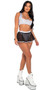 Sheer mini skirt features large fishnet stretch fabric with contrast iridescent silver trim and elastic waist. Pull on style.