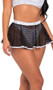 Sheer mini skirt features large fishnet stretch fabric with contrast iridescent silver trim and elastic waist. Pull on style.