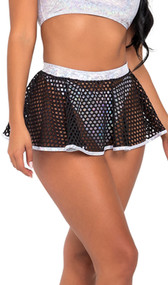 Sheer mini skirt features large fishnet stretch fabric with contrast iridescent silver trim and elastic waist. Pull on style.