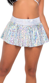 Hologram mini skirt features metallic iridescent fabric with geometric design and stretch elastic waistband. Pull on style. L is about 13" long. 