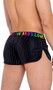Runner style shorts feature side leg split, striped satin-like outside finish, and rainbow LOVE print on elastic waistband. Pull on style. Inside is lined with very soft fleece-like texture.