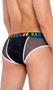 Men's pride briefs feature main panel with striped satin-like outside finish, sheer fishnet side panels, contrast white trim, and rainbow LOVE print on elastic waistband.