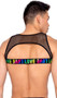 Men's pride fishnet harness with rainbow LOVE print elastic band and front zipper closure.