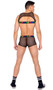 Men's pride fishnet harness with rainbow LOVE print elastic band and front zipper closure.