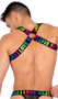 Men's pride elastic harness with rainbow LOVE print, lightweight double chain accent, and large O ring detail. Pull on style.