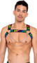 Men's pride elastic harness with rainbow LOVE print, lightweight double chain accent, and large O ring detail. Pull on style.