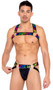 Men's pride elastic harness with rainbow LOVE print, lightweight double chain accent, and large O ring detail. Pull on style.