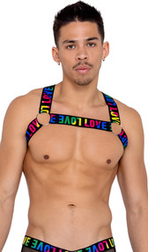 Men's pride elastic harness with rainbow LOVE print and large O ring detail. Pull on style.