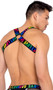 Men's pride elastic harness with rainbow LOVE print and large O ring detail. Pull on style.