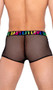 Men's pride sheer fishnet trunks feature main panel with striped satin-like outside finish and rainbow LOVE print on elastic waistband.