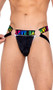 Men's pride jock strap features main panel with striped satin-like outside finish, O ring accents, elastic straps and rainbow LOVE print on waistband.
