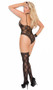 Floral lace teddy and matching thigh high stockings. Closed crotch.