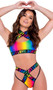 Rainbow pride crop top features criss cross halter neck straps with swan hook back closure, keyhole front cut out, and elastic contrast rainbow LOVE print trim.