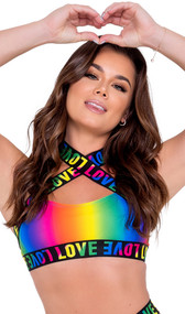 Rainbow pride crop top features criss cross halter neck straps with swan hook back closure, keyhole front cut out, and elastic contrast rainbow LOVE print trim.