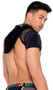 Men's sheer fishnet short sleeve crop top with hood, opaque sleeves with striped satin-like outside finish, and front zipper closure.
