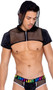 Men's sheer fishnet short sleeve crop top with hood, opaque sleeves with striped satin-like outside finish, and front zipper closure.