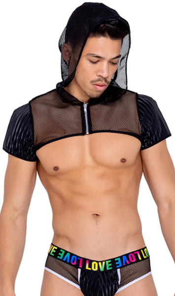 Men's sheer fishnet short sleeve crop top with hood, opaque sleeves with striped satin-like outside finish, and front zipper closure.