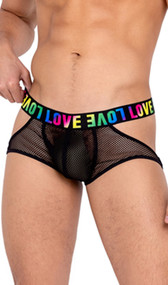 Men's pride jock strap features sheer fishnet fabric with elastic straps and rainbow LOVE print on waistband. Please note model is wearing a coverup underneath, this item is sheer.