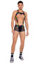 Men's pride suspender harness with rainbow LOVE print elastic straps, lightweight double chain accent, sheer fishnet connecting detail, and large O rings. Suspenders detach with lobster claw clip closures. Please note: chains does not easily detach. Matching sheer fishnet trunks with contrast white trim, opaque main panel with striped satin-like outside finish, elastic waist and mini D rings for suspender attachment. Two piece set.