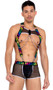 Men's pride suspender harness with rainbow LOVE print elastic straps, lightweight double chain accent, sheer fishnet connecting detail, and large O rings. Suspenders detach with lobster claw clip closures. Please note: chains does not easily detach. Matching sheer fishnet trunks with contrast white trim, opaque main panel with striped satin-like outside finish, elastic waist and mini D rings for suspender attachment. Two piece set.