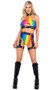 Rainbow LOVE print stretch belt with metal O ring accents and attached leg garters. O Rings are on front side only. Belt, leg straps and garters do not adjust, they stretch to fit. Pull on style.