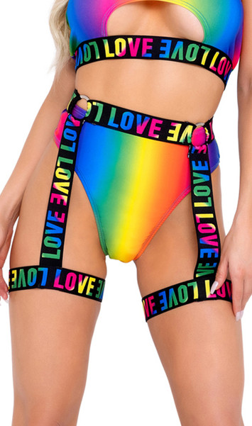 Rainbow LOVE print stretch belt with metal O ring accents and attached leg garters. O Rings are on front side only. Belt, leg straps and garters do not adjust, they stretch to fit. Pull on style.