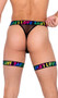 Men's pride thong features main panel with striped satin-like outside finish, sheer mesh back, O ring and chain accents, rainbow LOVE print on elastic waistband, and attached matching leg garters.