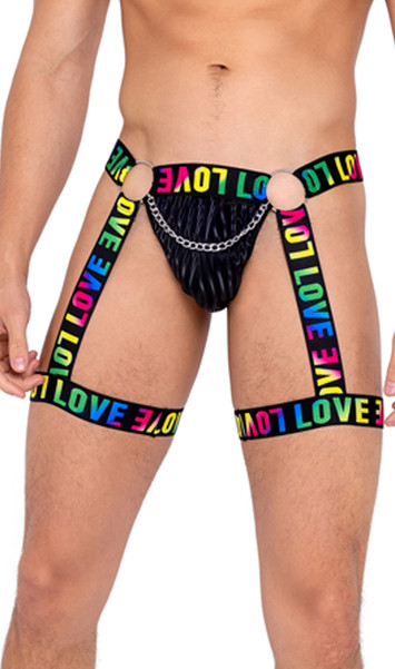 Men's pride thong features main panel with striped satin-like outside finish, sheer mesh back, O ring and chain accents, rainbow LOVE print on elastic waistband, and attached matching leg garters.
