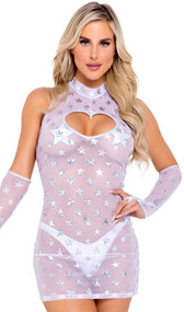 Sleeveless mesh mini dress features sheer fabric with hologram star print, mock neck and front heart shaped cut out.