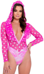 Long sleeve hooded romper features sheer mesh fabric with hologram star print, metallic bottom and trim, plunging V neckline and ruffle detail.