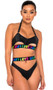 Pride crop top features underboob cut out, rainbow LOVE print on elastic band, halter straps that tie behind the neck, mini o ring accents, striped satin-like outside finish and a soft felt-like inside lining.