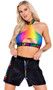 Men's Pride biker style shorts feature sheer mesh side and upper back panels, wide elastic waistband with drawstring, rainbow LOVE print detail on legs and drawstring, and striped satin-like outside finish. Inside is lined with very soft fleece-like texture. Drawstring print is iridescent.