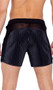 Men's Pride biker style shorts feature sheer mesh side and upper back panels, wide elastic waistband with drawstring, rainbow LOVE print detail on legs and drawstring, and striped satin-like outside finish. Inside is lined with very soft fleece-like texture. Drawstring print is iridescent.