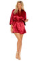 Charmeuse short length kimono style robe with detachable belt and three quarter sleeves.